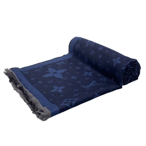 Auth LOUIS VUITTON - R98933 Navy AO0199 Scarf Wool Silk - Picture 1 of 10